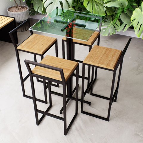Conjunto Mesa Alta Bar Bistrô Quadrada Vidro 4 Banquetas Pinus Industrial Black Don Castro Decor Ind