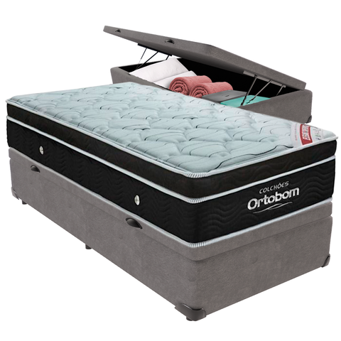 Cama Box Baú Cinza e Colchão Elegant Molas Ensacadas Solteiro Ortobom