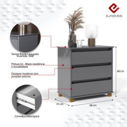 Mesa De Cabeceira Mini Cômoda Criado 3 Gavetas Para Quarto:Cinza - 4