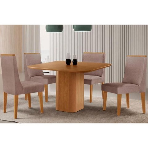 Sala Jantar Mesa Maldivas Tampo Curvo 90cm+4 Cadeiras Dakota Madeira Naturale - Capuccino/linho