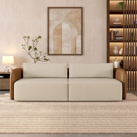 Sofá Living Sala de Estar Abel 240cm Modulado Pés de Madeira Pu/linho Caramelo/bege G33 - Gran Belo