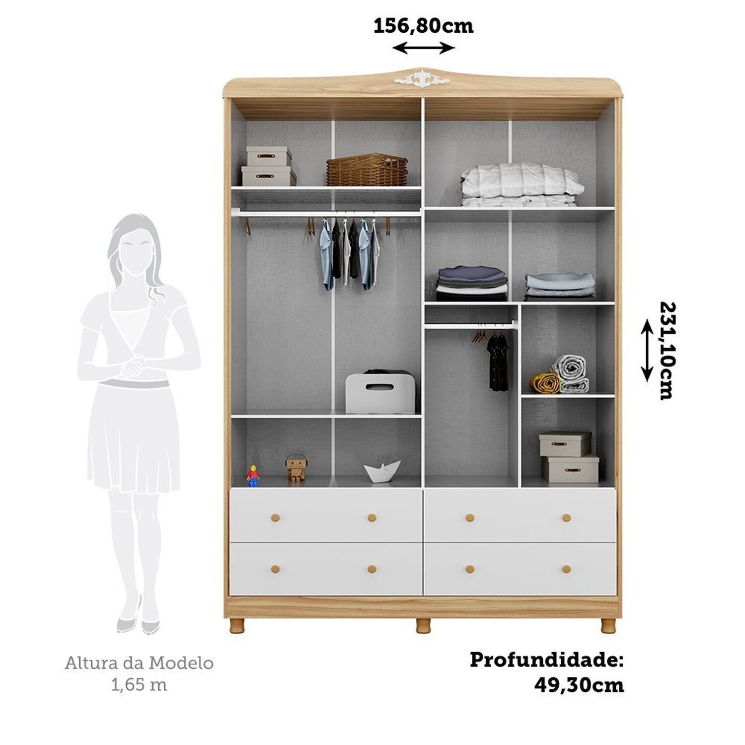 Guarda-roupa de Bebê 156,80cm 4 Portas com Janela 4 Gavetas 100% Mdf Maya Provençal Espresso Móveis - 4