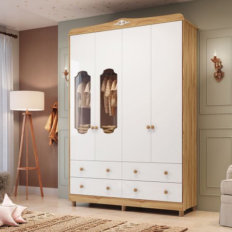 Guarda-roupa de Bebê 156,80cm 4 Portas com Janela 4 Gavetas 100% Mdf Maya Provençal Yescasa
