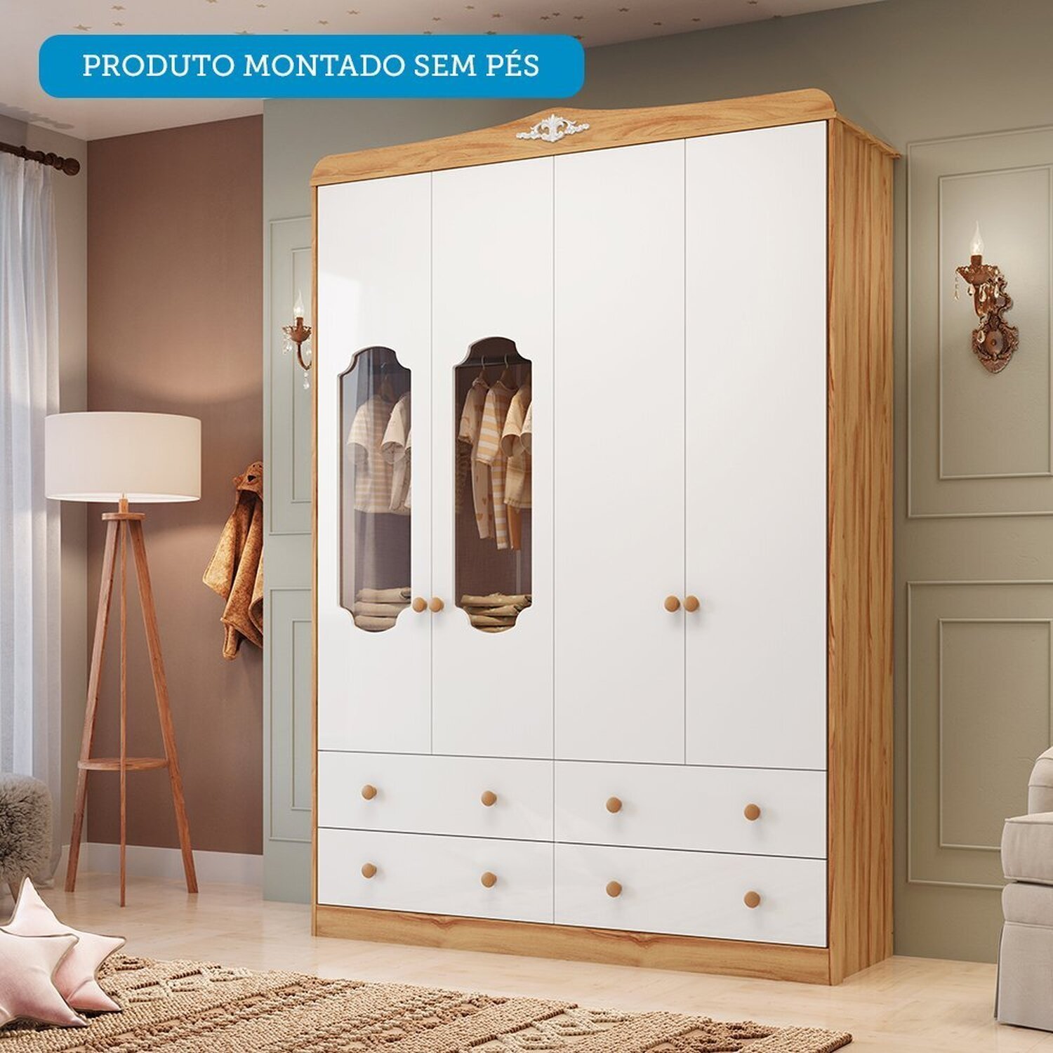 Guarda-roupa de Bebê 156,80cm 4 Portas com Janela 4 Gavetas 100% Mdf Maya Provençal Espresso Móveis - 7