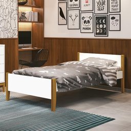 Cama Solteiro Simba Branco Fosco com Pés Amadeirado e Colchão D33 - Reller Móveis - 2