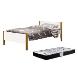 Cama Solteiro Simba Branco Fosco com Pés Amadeirado e Colchão D33 - Reller Móveis - 1