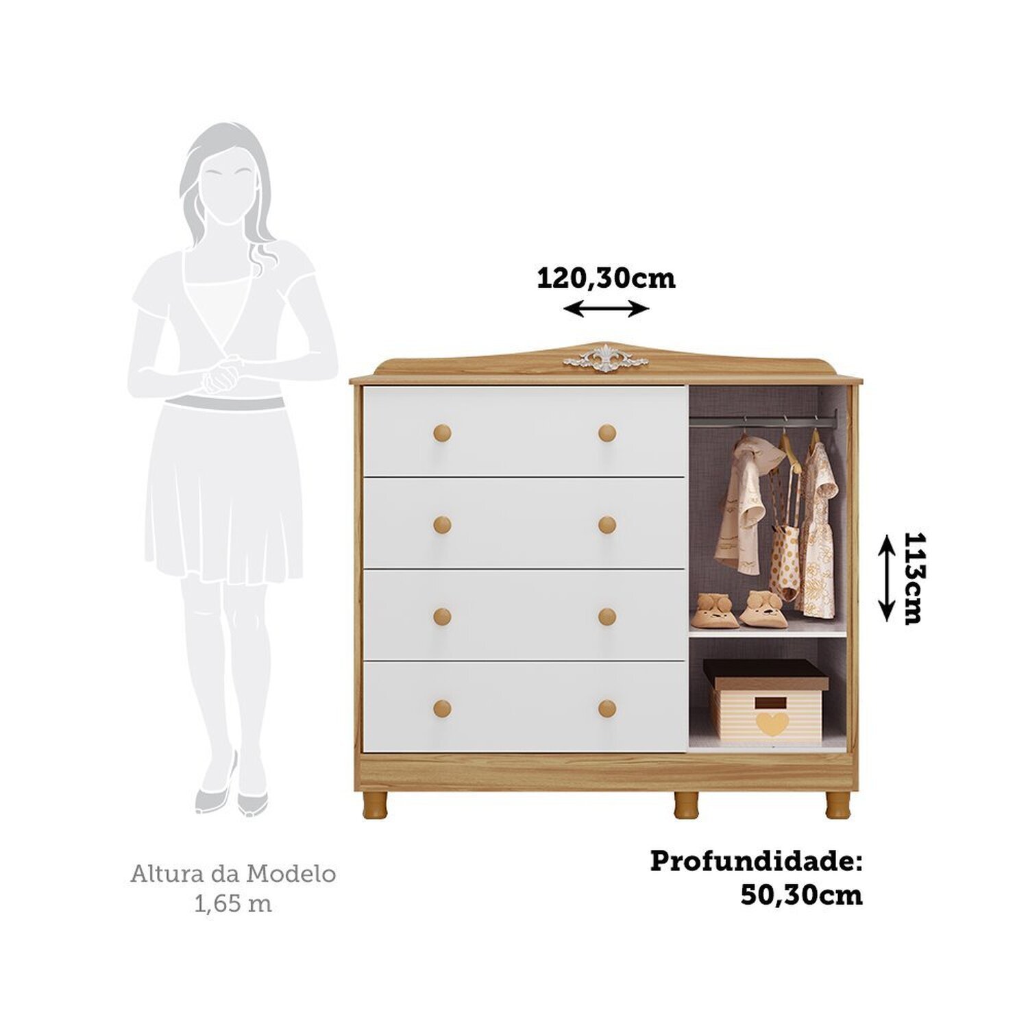 Cômoda de Bebê 120,30cm 1 Porta com Janela e 4 Gavetas 100% Mdf Maya Provençal Espresso Móveis - 4