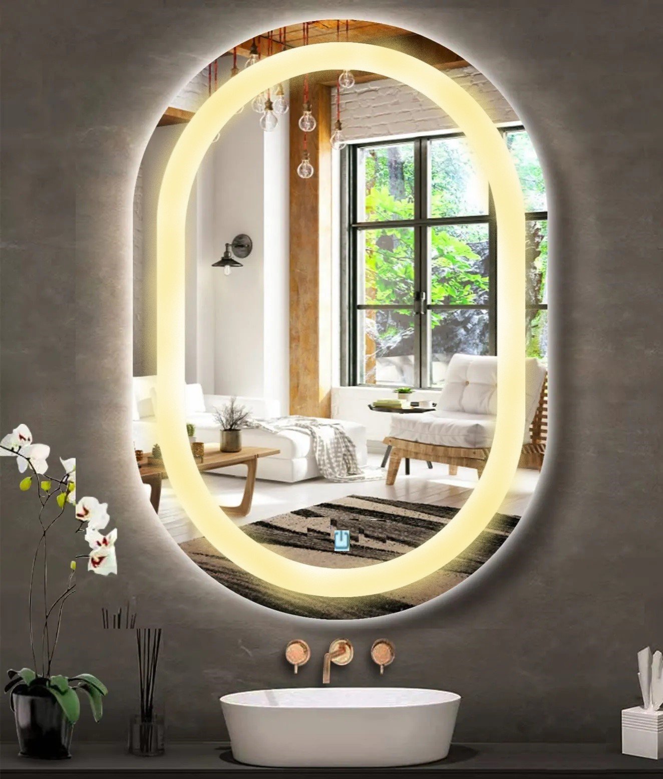 Ver mais imagens de Espelho Jateado Oval Iluminado com Led Quente Touch 80x60cm