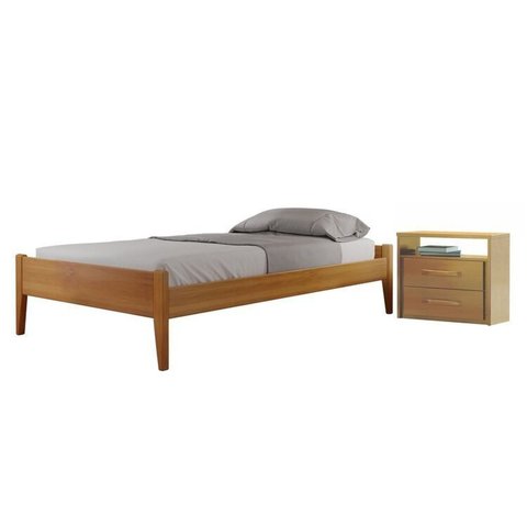 Conjunto Quarto de Solteiro Cama Madeira Maciça e Mesa de Cabeceira 2 Gavetas com Nicho Unique