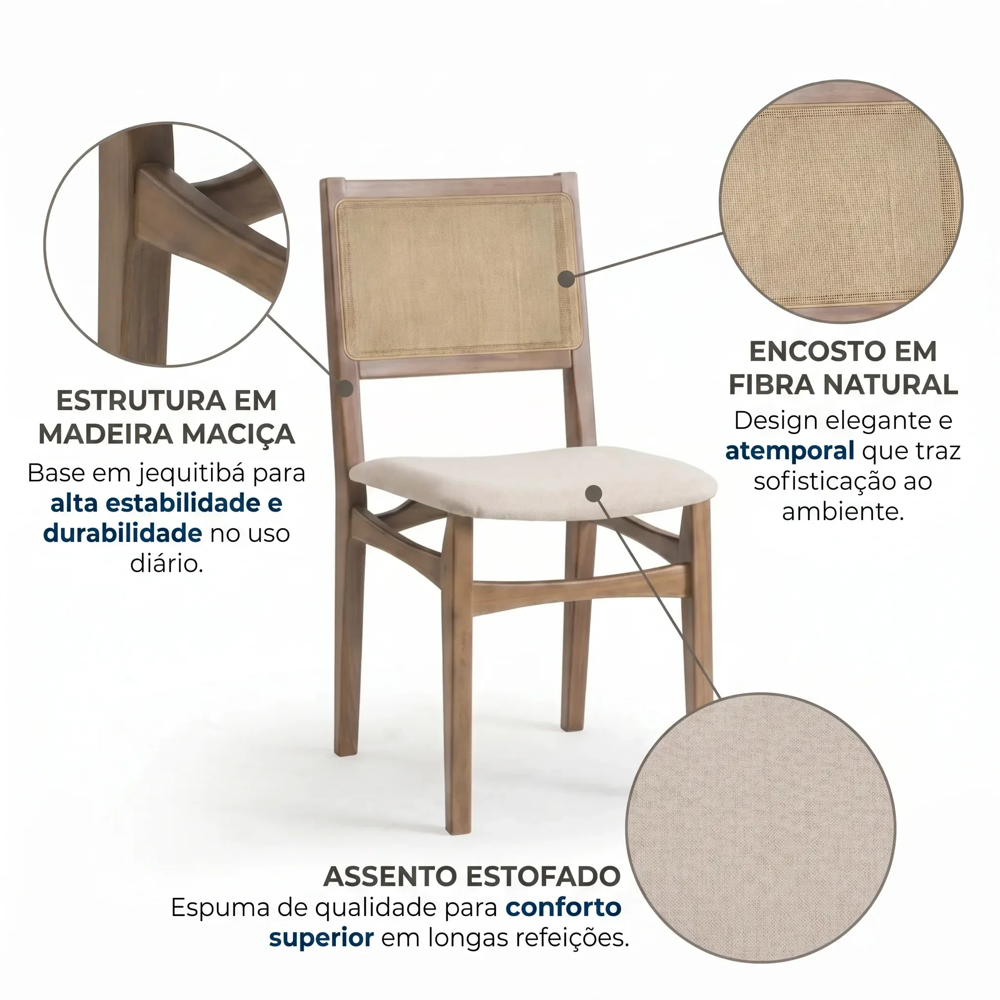 Ver imagem 4 de Kit 2 Cadeiras para Sala de Jantar Estofadas em Madeira Maciça com Encosto Tela Natural Serena Nogueira Marrom