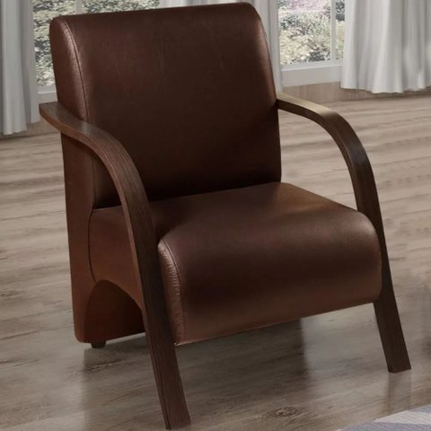 Poltrona Cadeira Decorativa Estofada Consultório Sala Clínica Corino Marrom Braço de Madeira