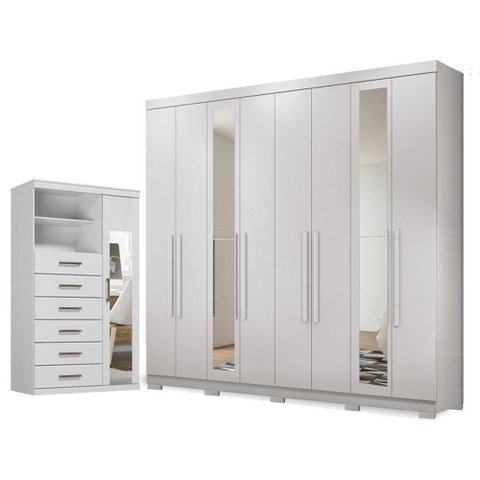Guarda Roupa Casal com Cômoda Master New 8 Portas de Bater 4 Gavetas MDP Branco Brilho Santos Andir