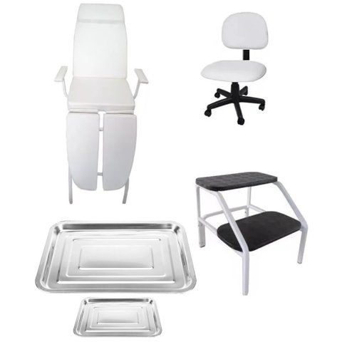Kit Podologia Cadeira Mecânica Mocho Escada Bandejas Fiscomed Kit Maca 3 Posições para Podologia