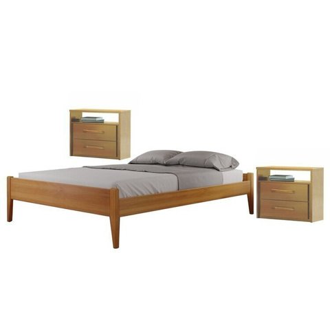 Conjunto Quarto de Casal Cama Queen Madeira Maciça e 2 Mesas de Cabeceira 2 Gaveta 1 Nichos Unique