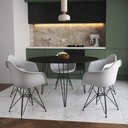 Ver imagem 1 de Mesa Jantar Redonda 110cm Preta Clips 3 Pés com 5 Poltronas Brancas Ferro Preto Marrom