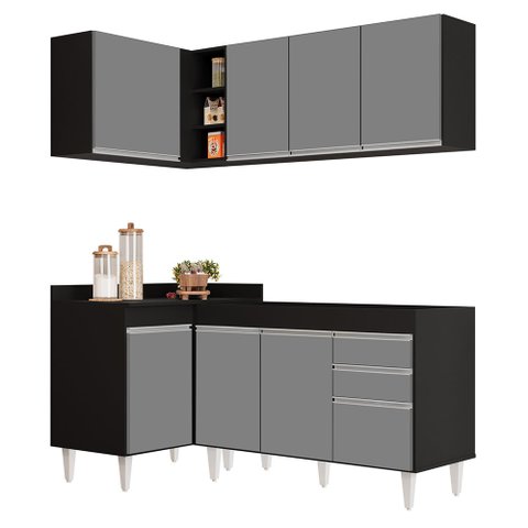 Armário de Cozinha Modulado de Canto Direito 4 Peças Cp37 Balcão sem Tampo Preto/cinza - Lumil Lumil
