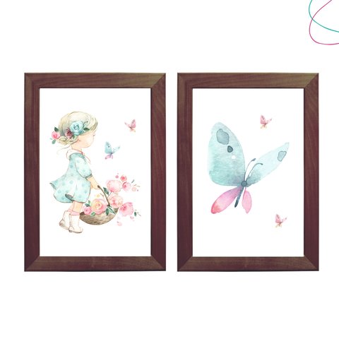 2 Quadros Infantis Menina Aquarela Borboletas e Flores:tabaco