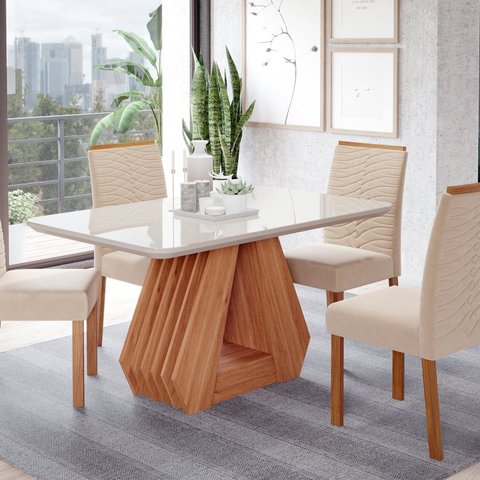 Sala de Jantar Agata 130cm com 4 Cadeiras Clarice Marrom/Cinamomo/Offwhite/Madeira/Nude