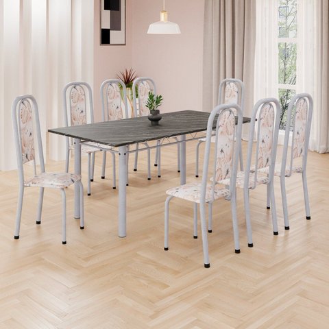 Conjunto de Mesa Retangular 180x75cm Tampo Ardósia Indiana 8 Cadeiras Lavínea Branco/Botanic Bege/Mart Pérola