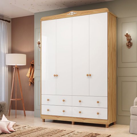 Guarda-Roupa de Bebê 156,80cm 4 Portas e 4 Gavetas 100% MDF Maya Clássico Espresso Móveis Branco/Brilho/Amêndoa