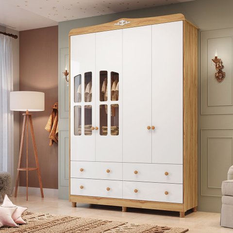 Guarda-Roupa de Bebê 156,80cm 4 Portas com Janela e 4 Gavetas 100% MDF Maya Clássico Espresso Móveis Branco/Brilho/Amêndoa