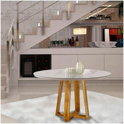 Mesa De Jantar Redonda Tampo De Vidro 120cm Mel Off White