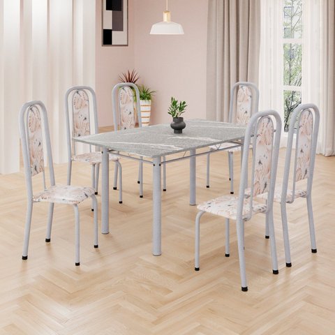 Conjunto de Mesa Retangular 140x75cm Tampo Granito Topázio 6 Cadeiras Lavínea Branco/Botanic Bege/Mart Pérola