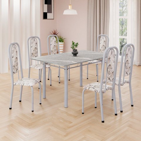 Conjunto de Mesa Retangular 140x75cm Tampo Granito Topázio 6 Cadeiras Lavínea Branco/Arabesco/Mart Pérola