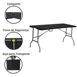 Mesa Dobrável de Plástico Preta 180 X 74 Cm Cor Preta - 1