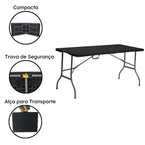 Mesa Dobrável de Plástico Preta 180 X 74 Cm Cor Preta
