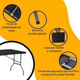 Mesa Dobrável de Plástico Preta 180 X 74 Cm Cor Preta - 2