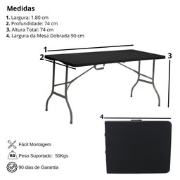 Mesa Dobrável de Plástico Preta 180 X 74 Cm Cor Preta - 5