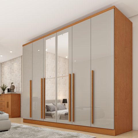 Guarda-Roupa Casal com Espelho 6 Portas 8 Gavetas e Puxador MDF Yescasa Cinamomo/Off White Portugal