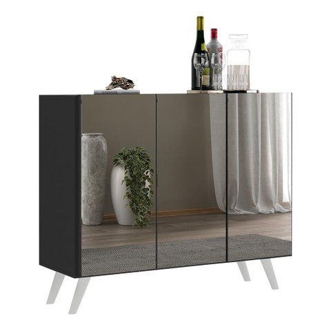 Aparador Buffet 3 Portas com Espelho Retrô Vegas Multimóveis V1013 Preto/Branco