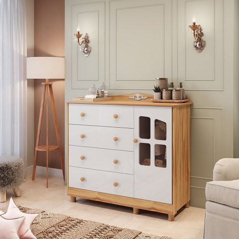 Cômoda de Bebê 120,30cm 1 Porta com Janela 4 Gavetas 100% MDF Maya Clássico Espresso Móveis Branco/Brilho/Amêndoa