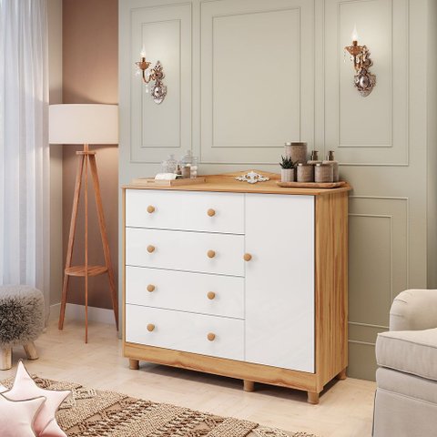 Cômoda de Bebê 120,30cm 1 Porta e 4 Gavetas 100% MDF Maya Clássico Espresso Móveis Branco/Brilho/Amêndoa