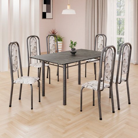 Conjunto de Mesa Retangular 140x75cm Tampo Ardósia Indiano 6 Cadeiras Lavínea Prata/Arabesco/Mart