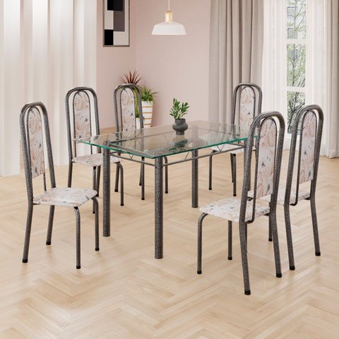 Conjunto de Mesa Retangular 140x75cm Tampo de Vidro 6 Cadeiras Lavínea Prata/Botanic Bege/Mart