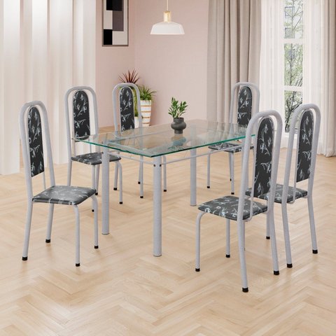Conjunto de Mesa Retangular 140x75cm Tampo de Vidro 6 Cadeiras Lavínea Branco/Preto Floral/Mart Pérola