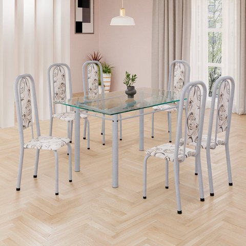 Conjunto de Mesa Retangular 140x75cm Tampo de Vidro 6 Cadeiras Lavínea Branco/Arabesco/Mart Pérola