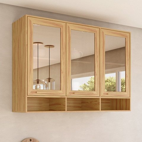 Armário Aéreo 3 Portas Vidro 100% MDF 120cm Malta Espresso Móveis Marrom/Amêndoa