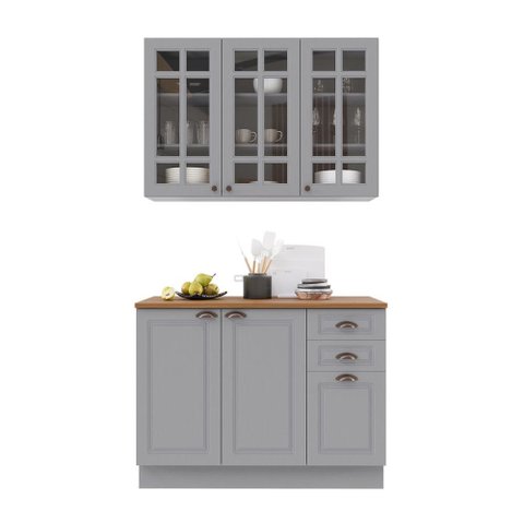 Cozinha Compacta Bariloche 6 Portas 2 Gavetas com Vidro e Tampo 100% MDF Titânio Fosco - Indékes