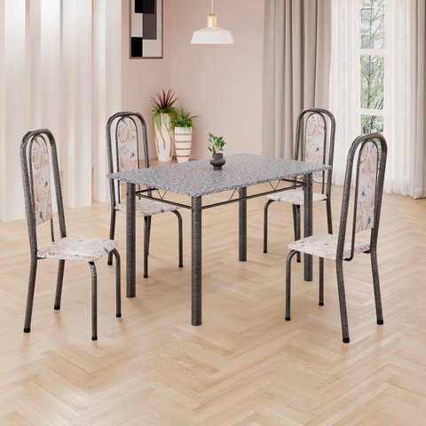 Conjunto de Mesa Retangular 120x75cm Tampo Granito Ocre 4 Cadeiras Lavínea Prata/Botanic Bege/Mart