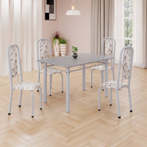 Conjunto de Mesa Retangular 120x75cm Tampo Granito Ocre 4 Cadeiras Lavínea Branco/Arabesco/Mart Pérola