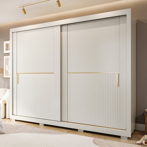 Guarda-Roupa 2 Portas com Pé e Espelho Interno de Correr 269cm 100% MDF Diamantina Espresso Móveis Bege/Off White/Grafiatto