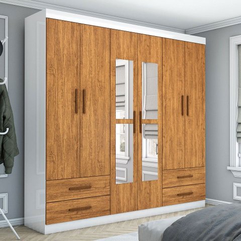 Guarda-roupa Casal Mondo 6 Portas 4 Gavetas com Espelho Branco/cinamomo - Pnr Móveis