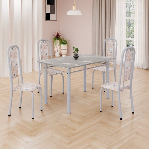 Conjunto de Mesa Retangular 120x75cm Tampo Granito Topázio 4 Cadeiras Lavínea Branco/Botanic Bege/Mart Pérola