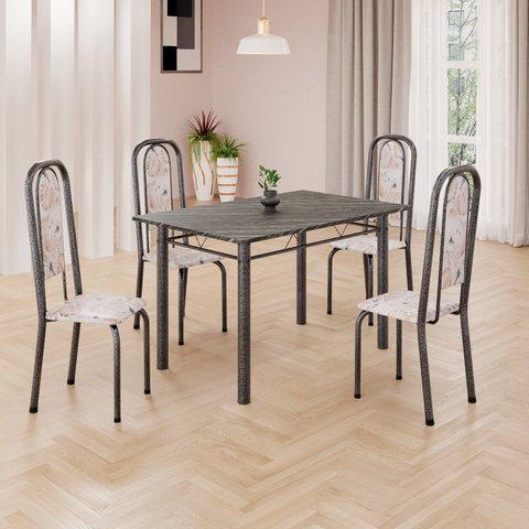 Conjunto de Mesa Retangular 120x75cm Tampo Ardósia Indiano 4 Cadeiras Lavínea Prata/Botanic Bege/Mart