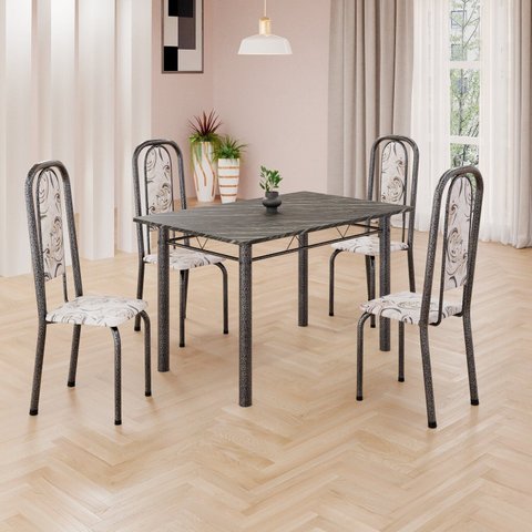 Conjunto de Mesa Retangular 120x75cm Tampo Ardósia Indiano 4 Cadeiras Lavínea Prata/Arabesco/Mart