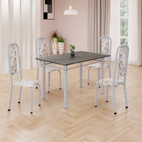Conjunto de Mesa Retangular 120x75cm Tampo Ardósia Indiano 4 Cadeiras Lavínea Branco/Arabesco/Mart Pérola